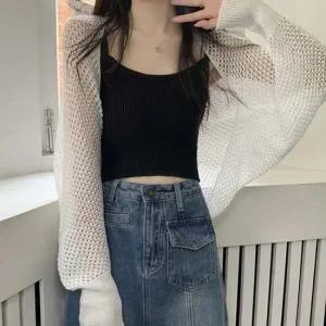 여자 여름 스타일 볼레로 그물 니트 고품질 1P 얇은