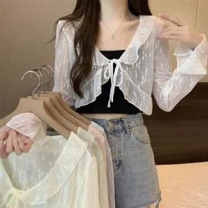 예쁜 레이스 플라워 패턴 포인트 숏 가디건