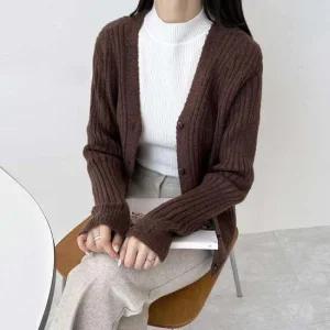2LUND 5050 여자브라운 골지니트 가디건 오버핏 V넥