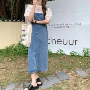 심플한 데님 멜빵원피스 LLD161 롱 홀터넥 원피스 여