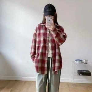 [하프클럽/]여자 클래식 도톰 배색 체크 루즈핏 롱 남방