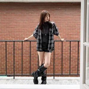 [하프클럽/]여성 캐주얼 후드티 셔츠 레이어드 체크 남방