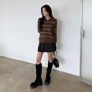 [하프클럽/]여성 심플 스트라이프 도톰 카라넥 니트 가디건