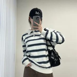 여자 가을 스트라이프 카라티 펜던트 루즈핏 니트