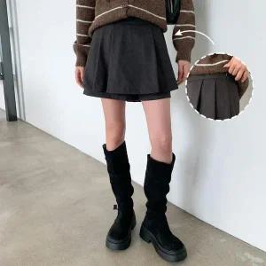 [하프클럽/]여자 캐주얼 모직 플리츠 a라인 미니 치마 바지