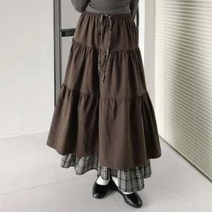 여자 후레아 핀턱 격자 티어드 코디 롱 고무줄 스커트