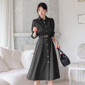 [시크라인] 더로엘 윙플랩 카라 벨트 플레어 원피스