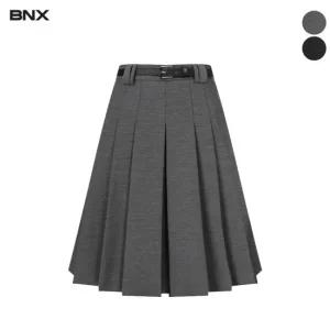 [BNX] 여성 벨트 세트 미디 플리츠 스커트