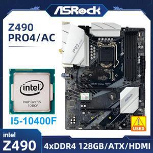 Asrock Z490 PRO4 AC 마더보드 및 i5-10400F CPU, Z490 Z490M 마더보드, LGA 1200 DDR4 128GB ATX 지지대 1