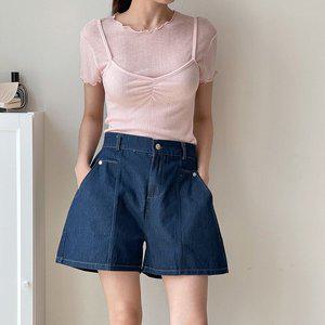 [신세계라이브쇼핑][옷자락] 여자 리벳포켓 와이드 A라인 스티치 밴딩 청반바지