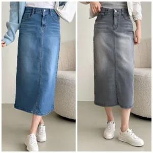 여성 스판 밴딩 뒷트임 H라인 데님 롱스커트 빅사이즈 청치마