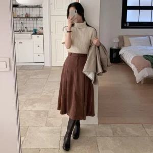 [샵앤][샵앤] 국산 여성 주름 스웨이드 플리츠 미디 스커트 SIU-WSK-4091-브라운