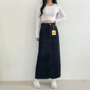 [문에이블]문에이블 여자 여성 봄 가을 H라인 허리 밴딩 진청 맥시 롱 데님 스커트 청치마
