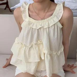 여자 프릴나시 러플 시어서커 민소매 블라우스_4