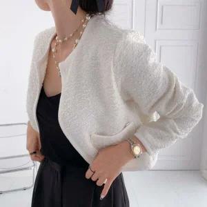 여자 결혼식하객룩 탱크 단추없는 FW 트위드 가디건_4