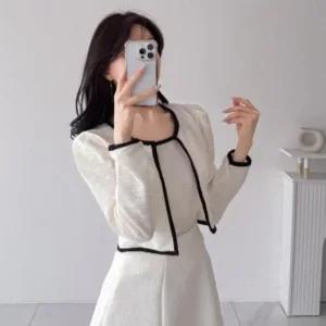 여성용 클래식 트위드 민소매 크롭 가디건 세트