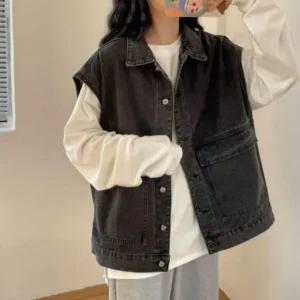 고품질 빈티지 블랙 데님 베스트 스트릿 아우터 진 청 조끼 (WFK5N77)