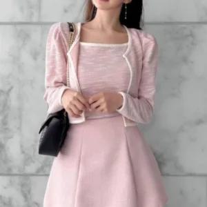 여성 클래식 트위드 민소매 크롭 가디건 세트