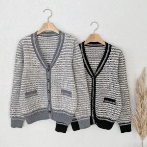 [하프클럽/]여자 클래식 트위드 라인 브이넥 배색 가디건
