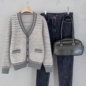 [하프클럽/]여성 클래식 트위드 배색 브이넥 가디건