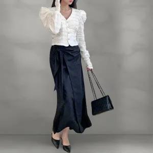 [하프클럽/]여성 사무실 의상 퍼프 소매 트위드 브이넥 프릴 가디건