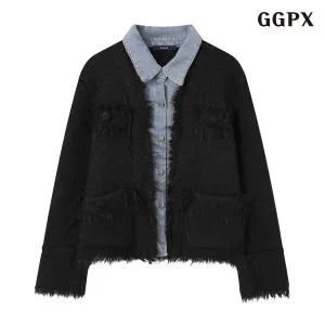 [GGPX]프린지 트위드 데님 레이어드 가디건 (GPDCK004D)