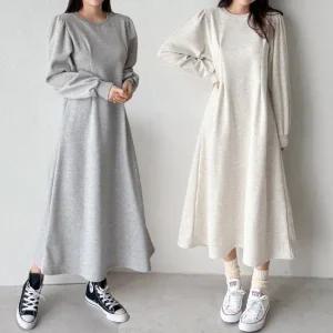 기모 무지 핀턱 퍼프 긴팔 롱 원피스 -COP0444-