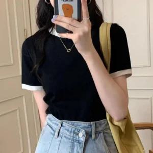 [피커]빈티지 라인 트위드가디건 배색 크롭 반팔 티셔츠