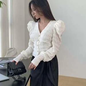 [신세계라이브쇼핑][옷자락] 여자 클래식 금장버튼 프릴 트위드 퍼프 가디건