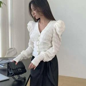 [다잇템] 여자 금장버튼 벌룬 베이직 프릴 트위드 가디건_23460561_588872