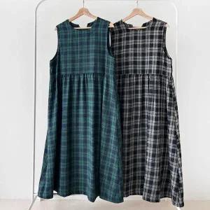 [하프클럽/]여성 가을 체크 민소매 롱드레스 속기모 데이트웨어