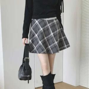 여성 러블리 랩 격자 체크 플레어 미니 스커트