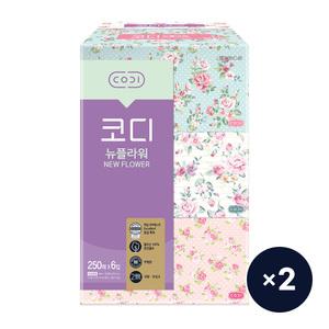 코디 뉴플라워 미용티슈 250매 6입 2팩 각티슈 화장지 휴지