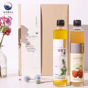 [농부플러스] 국산 냉압착 생들기름 저온들기름+사과식초 300ml 2병 선물세트 (쇼핑용동봉)(쇼핑백동봉)
