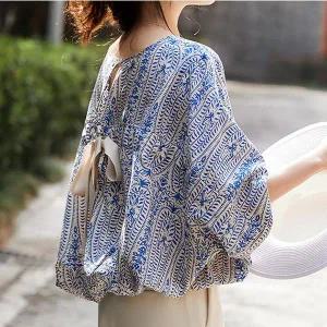 [하프클럽/]백오픈 리본포인트 프린팅 블라우스 79412D