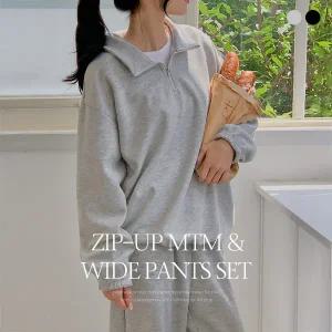 핫핑 편하게입어 루즈핏 반집업 맨투맨+밴딩 와이드팬츠set