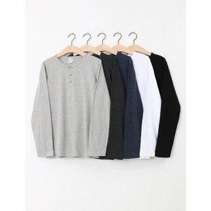 [브이핏]NRO 헨리넥티 커플 싱글 홈쇼핑 버튼 코튼 워셔블 면 라운드 10수 기본핏 긴팔 티셔츠