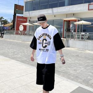 빅사이즈반팔 남자 오버핏 반팔 배색 레터링 7부 남성 여름 박스 티셔츠