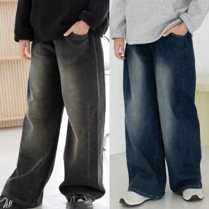 [보리보리/모데쯔]주니어 겨울 기모 사이드 폴링 데님 와이드 바지 등교 초등학생