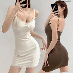  이너퀸 프리수 여성용 슬림핏 면 스판 레이스 리본 브라캡 캡내장 노브라 끈 슬립 미니 원피스 이너웨어 이지웨어 홈웨어 치마 코튼레이스캡슬립 