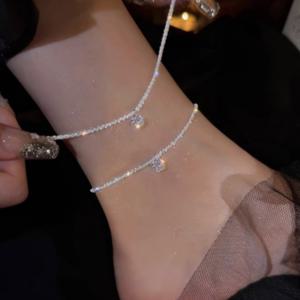 여성 큐빅 포인트 발찌 심플 실버 체인 녹색 은색 펜던트