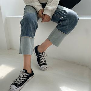 [시크릿라벨] 배색롤업스판일자핏데님팬츠