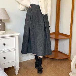 [옷자락]여자 겨울 출근 하객룩 맞주름 플레어 모직 롱스커트