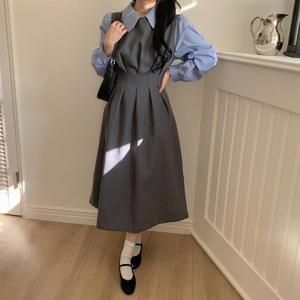 프렌치카라 슬림 소라색블라우스 플리츠 롱원피스