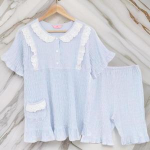 [다잇템]여성 반소매 레이스 바지 실내복 에이라인 세트