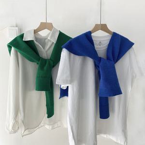 여성 레이어드 니트 어깨 숄 케이프 무지 페이크 가디건 망토 머플러