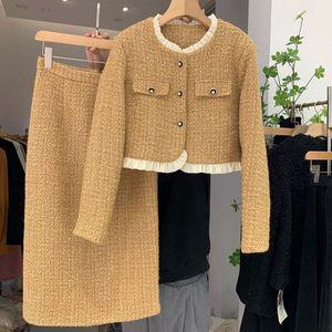 트위드 자켓 여자 린넨 크롭 코트 여성 가죽 청 재킷 여성용 투피스 다운 스커트 아가릭 에지 정장 겨울