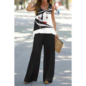 여자 봄 가을 면접복장 여성 투피스 패치워크 프린트 바지 여성용 세트 루즈 캐주얼 민소매 상의 및 의상