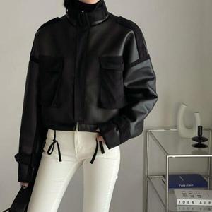 여자 스트랩 배색 크롭 레더 가죽 양털 무스탕 자켓_3