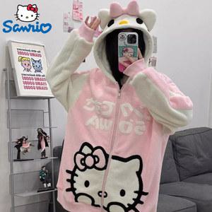 헬로 키티 자수 카툰 후드 코트, Y2k, 귀엽고 귀여운 집업 재킷, 여성용 플러시 면 트렌드, 두꺼운